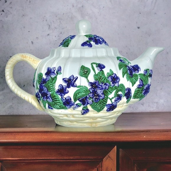 Vintage Flowers Balloons Other - Vintage Teapot Raised Purple Violets in Basket Floral Hand Painted Large 1980’s